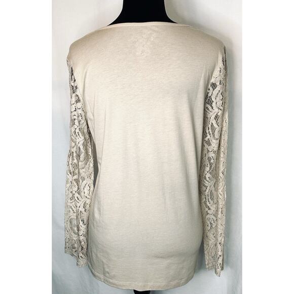 Chico's Sz 1 Misses Sz 8 Beige Long Sl. Tee w/Gold Stitched Lace Front & Sleeves - Picture 2 of 5